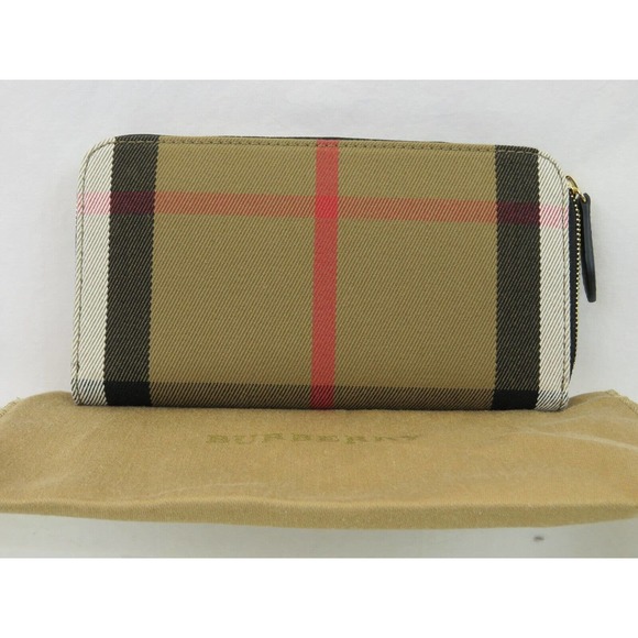 BURBERRY ELMORE BLACK HOUSE CHECK DERBY LEATHER ZIP AROUND LOGO CLUTCH WALLET - Picture 2 of 10